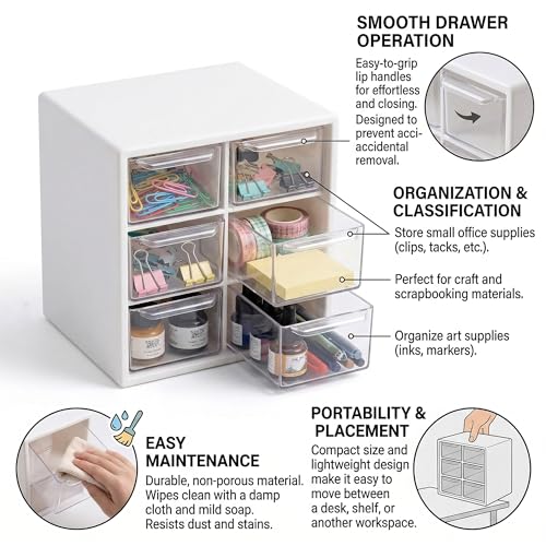 Small Drawer Organizer for Desk with 6 Clear Drawers, Mini Desktop Storage Box Plastic Craft Organizer for Office School and Home, White Drawer Organizer for Small Items Accessories Supplies - view 6