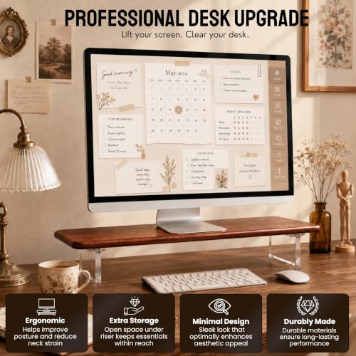 Bamboo Monitor Riser, Wide Desktop Monitor Stand for Desk with Clear Acrylic Legs, 31.5 x 8" Bamboo Wood Shelf, Fit Keyboard, Home Office Workspace Accessories,Study Stationaries Storage (Dark Brown) - view 4