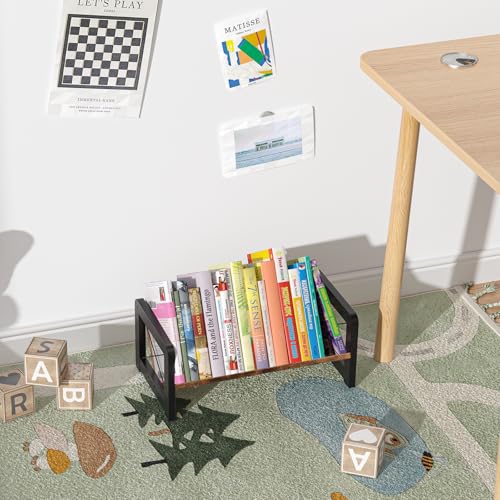 Desktop Bookshelf Organizer, Wood Slanted Desk Bookshelf, Small Tabletop Book Rack, Portable Mini Bookcase for Book Display, Cookbooks, Kids Reading, Office & Home Storage, Rustic Brown - view 2