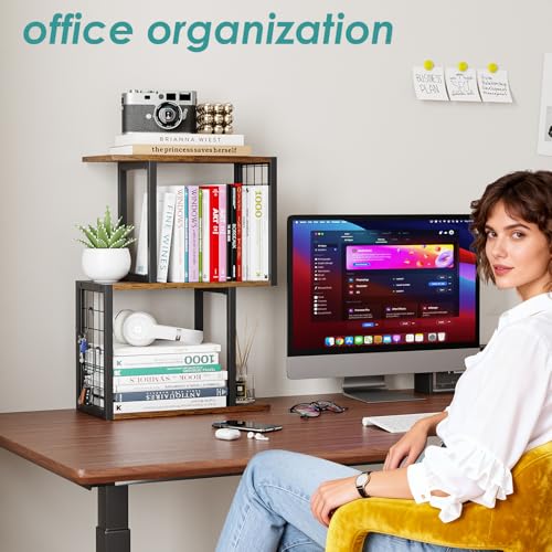 Desktop Bookshelf,3-Tier Desk Organizer Shelf with Hooks Desk Organization Deals for Office Storage Rustic Brown - view 4