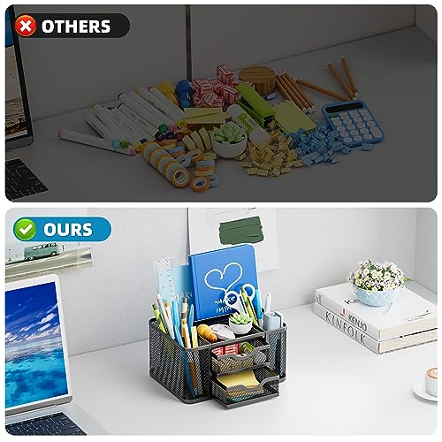 Mesh Desk Organizer, Pen Organizer with 2 Drawer, Multi-Functional Pencil Holder, Desk Organizers and Accessories with 5 Compartments + Drawer for Office Art Supplies (Black) - view 7