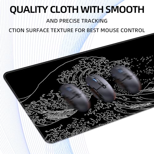 Japanese Sea Wave Extended Big Mouse Pad Large,XL Gaming Mouse Pad Desk Pad,31.5x11.8inch Long Computer Keyboard Mouse Mat Mousepad with 3mm Non-Slip Base and Stitched Edge for Home Office Work - view 5