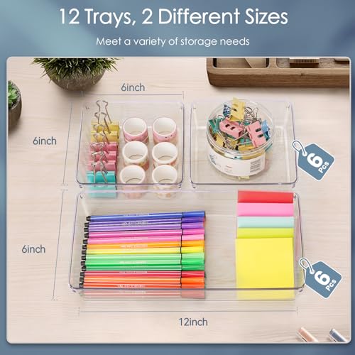 12 Pack Large Clear Plastic Drawer Organizer Set, Acrylic Bathroom Organizer Vanity Trays Dividers, Kitchen Organizers and Storage, Non-Slip Storage Bins for Makeup, Snacks, Office, Desk, Fridge - view 3