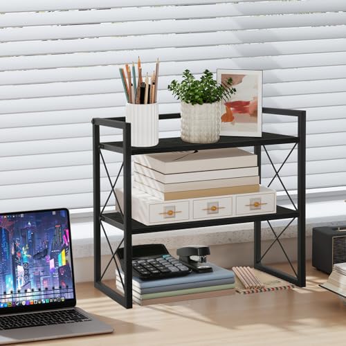 Desktop Shelf Organizer, 2 Tier Office Shelves, Wood Desk Organizer Storage Rack and Freestanding Display Shelf for Office, Dormitory, Home(Black) - view 2