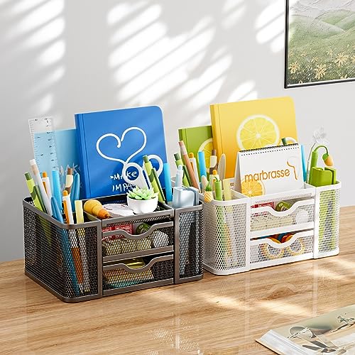 Mesh Desk Organizer, Pen Organizer with 2 Drawer, Multi-Functional Pencil Holder, Desk Organizers and Accessories with 5 Compartments + Drawer for Office Art Supplies (White) - view 3