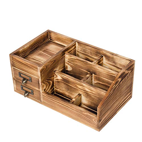 Liry Products Rustic Wooden Desktop Organizer Office Supplies Brown Tabletop Storage Cabinet Stepped Rack Multiple Compartments 2 Tier Drawers Makeup Accessory Jewelry Sorter Display Box Home Office - view 2