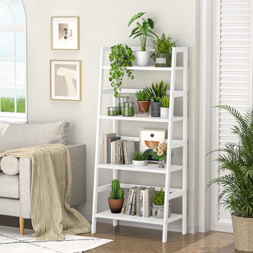 White Ladder Shelf, Bamboo 4-Tier Bookshelf & Bookcase Organizer - view 2