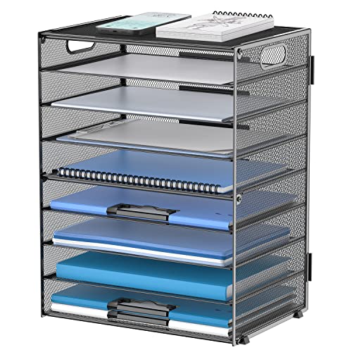 9-Tier Paper Organizer for Desk, Metal Mesh Letter Tray with Handles, Black