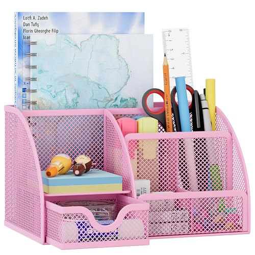 Mesh Desk Organizer with Drawer Multi-functional Pen Holder Stationery Organizer for Office School Supplies 6 Compartments Dorm Organizers and Storage for Desk, Light Pink