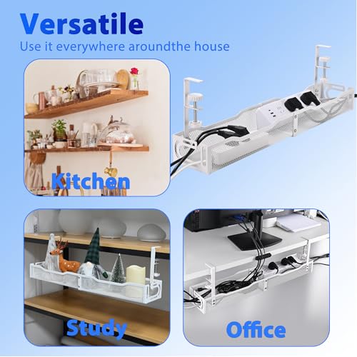Under Desk Cable Management Box 25.3 Inch – Clamp-Mounted Cable Organizer Tray, Large Cord Management Box for Office & Home, Wire Organizer Under Desk Storage, White - view 6