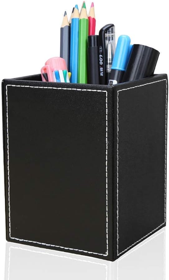 PU Leather Square Pens Pencils Holder Cup Desktop Stationery Organizer Case Office Accessories Container Box (black) - view 4