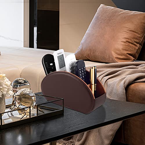 Tv Remote Holder Tray with 5 Compartment,PU Leather Remote Control Holder/Caddy,Placed Media Remote Storage Box/Glasses/Makeup Brush/Office Products/Desktop Organizers Nightstand Decoration (Brown) - view 3
