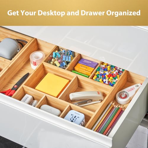 Extra Large Bamboo Desk Drawer Organizer, Wood Junk Organizer Tray with Adjustable Dividers, Anti-Skip Storage Organization in Office Bathroom Drawer for Vanity, Makeup, 17" x 12" - view 3