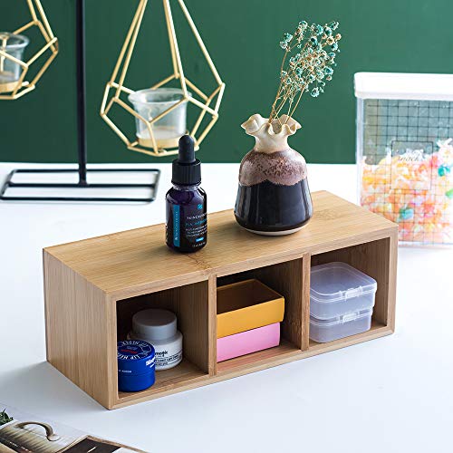 Bamboo Wood Pens Pencils Holder Cup for Desk Remote Control Holder, Caddy,Organizer,Desktop Storage with 3 Compartments,Makeup Brush Holder,Silverware Caddy for Party,Office Supplies (3 Grid) - view 3