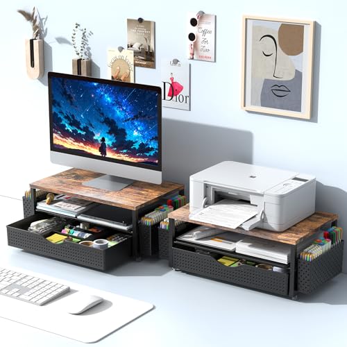 Computer Monitor Stand with Drawer and 2 Pen Holders, Wood - view 7
