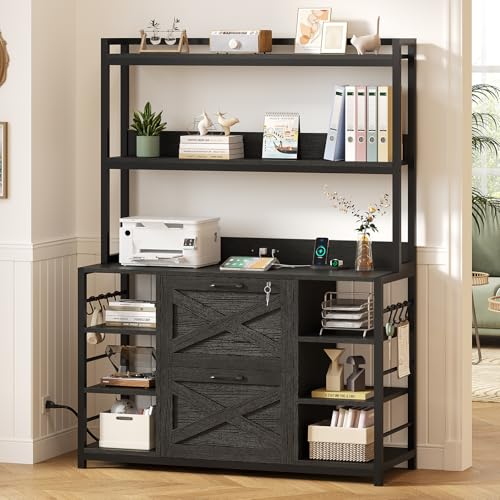 File Cabinet with Charging Station, Vertical Filing Cabinet with Lock for Home Office, Printer Stand with Open Storage Shelf, Fits Legal/Letter/A4 Size, Black