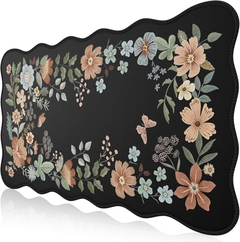 Scalloped Desk Mat for Keyboard, Floral Mouse Pad(Black)