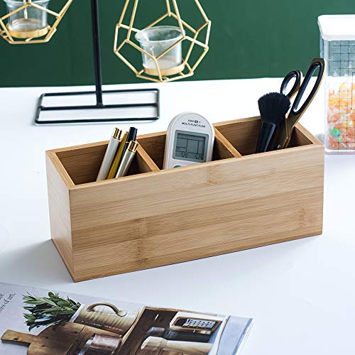 Bamboo Wood Pens Pencils Holder Cup for Desk Remote Control Holder, Caddy,Organizer,Desktop Storage with 3 Compartments,Makeup Brush Holder,Silverware Caddy for Party,Office Supplies (3 Grid) - view 2