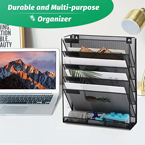 Desk File Organizer Mesh 6-Tier, Hanging Wall Mount Document Organization Stand, Desktop Vertical Mail Paper Folder Holder Rack with Bottom Tray for Office Home Cubicle Countertop, Black - view 2