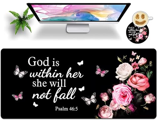 Extended Large Gaming Mouse Pad with Coaster - 35.4 x 15.7 Full Desk Mousepad - Stitched Edges - Ultimate Gaming Desk Mat - Bible Flowers