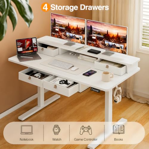 Electric Standing Desk with Four Drawers, Sit to Stand Up Height Adjustable Desk with Storage Shelf for Home Office, 47 * 28 Inch, Study, Ergonomic Adjustable Computer Desk, White - view 7