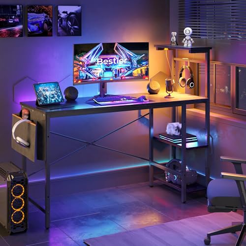 Gaming Desk with LED Lights, 51.3 Inch Computer Desk with 4 Tiers Reversible Shelves, Home Office Writing Desk with Side Storage Bag, Hooks and Height Adjustable Shelf (Black Grained)