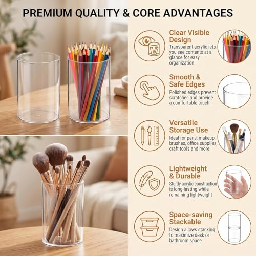 2Pcs 10x6.5cm Clear Acrylic Pen Holder, Round Cylinder Desktop Organizer, Multipurpose Storage Cup for Makeup Brushes, Stationery and Daily Small Items, for Home, School and Office Use - view 4