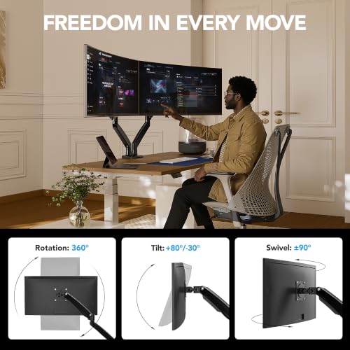 Dual Monitor Stand for 13″–40″, Premium Dual Monitor Mount with USB, Height Adjustable Monitor Stand for 2 Monitors, VESA Mount with Clamp/Grommet Base, Holds 26.4lbs per Arm, HNDS7 - view 3