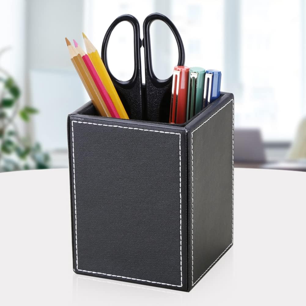 PU Leather Square Pens Pencils Holder Cup Desktop Stationery Organizer Case Office Accessories Container Box (black) - view 5