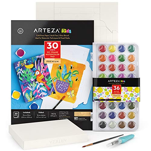 Kids Watercolor Painting Art Set, Watercolor Paint 36 and Foldable Canvas Paper Bundle, DIY Painting Kit, Art Supplies for Kids and Adults