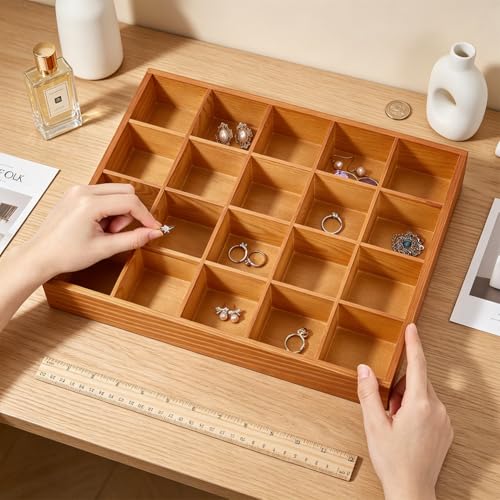 20 Grids Pine Wood Sorting Tray, Stackable Jewelry Organizer Closet Drawer Divider Organizer Storage Trays Containers for Closet Organization Jewelry Display, Crafts, Jewelry, Brown - view 3