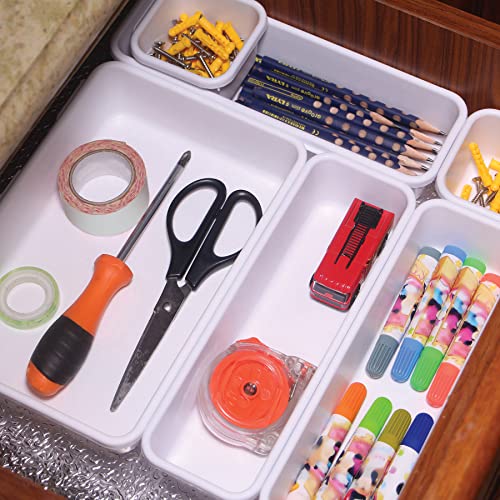 Set of 12 Interlocking Desk Drawer Organizer Tray Dividers Plastic Shallow Narrow Drawers Organizers Separators Storage Bins Container for Kitchen Bathroom Makeup Office Vanity Bedroom Dresser White - view 6