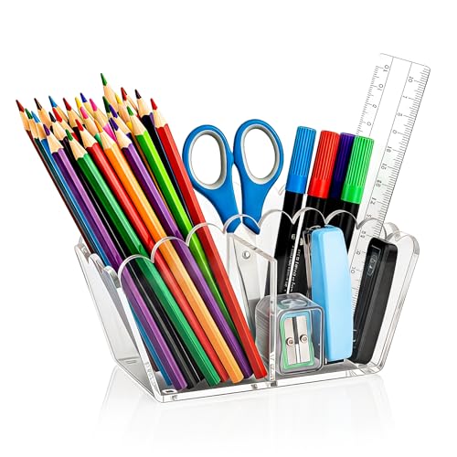 Clear Acrylic Pen Holder,2-Compartment Scalloped Desk Caddy