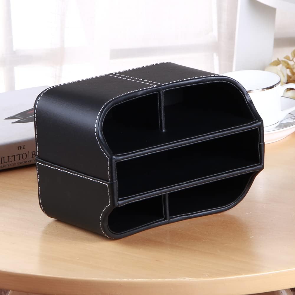 Remote control holder, 360° rotatable office desk stationery supply organizer | PU leather desktop storage box for media controllers, bedside table spinning TV remote caddy for iPad, mobile, pencil, makeup - view 3