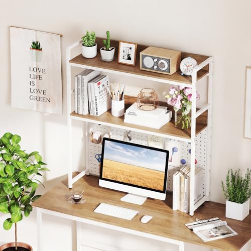 Desktop Bookshelf, Multipurpose 2-Tier Desk Hutch with Pegboard, Industrial Countertop Storage Organizer Rack for up to 32" Computer Monitor, Hutch for Dorm Home Office (Natural) - view 2