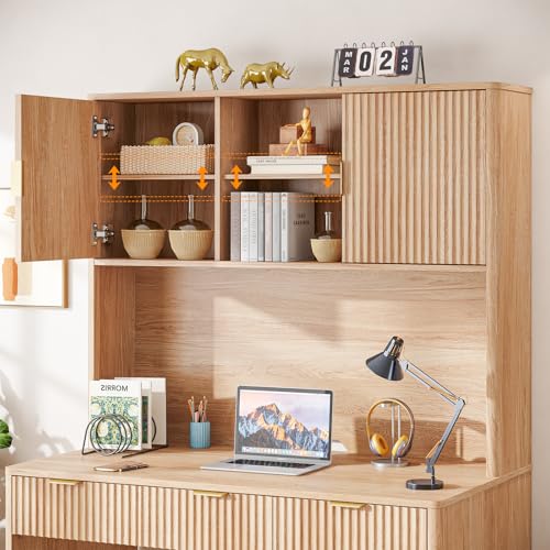 67" H Executive Desk with Fluted Drawers,4 Drawers Fluted ComputerDesk,Wood Workstation with Hutch and BarnDoors for Work and Study,Oak - view 3