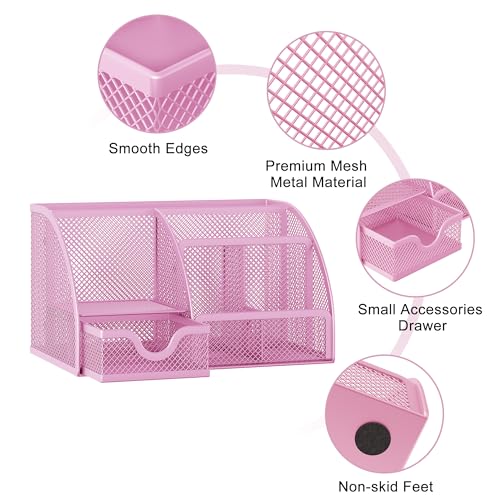 Mesh Desk Organizer with Drawer Multi-functional Pen Holder Stationery Organizer for Office School Supplies 6 Compartments Dorm Organizers and Storage for Desk, Light Pink - view 3