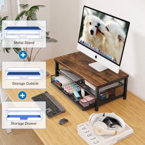 Computer Monitor Stand Riser, Desk Organizer with Drawer, Printer & Laptop Stand, Office Desk Accessories & Workspace Desktop Organizers Storage for Office Supplies(Brown) - view 3