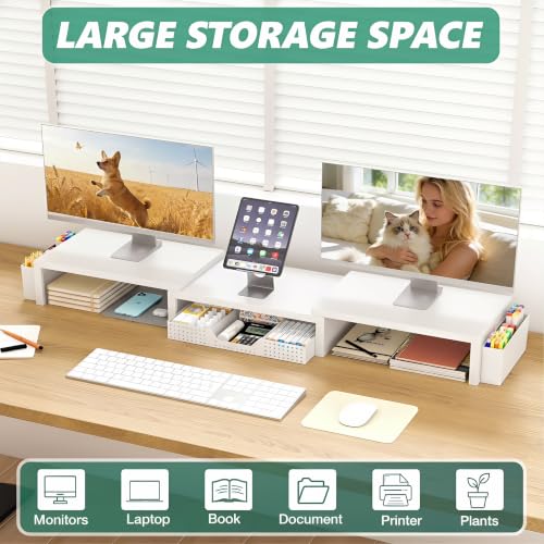 Desk Organizer and Accessories, Computer Monitor Stand Riser with Drawer and 2 Pen Holders, Laptop Stand, Office Desk Accessories for Office Supplies, White - view 6