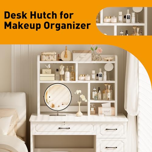 Desk Shelf, Desktop Hutch with 6 Storage Areas, Desktop Organizer Shelf with 27" Large Monitor Compartment, Multipurpose Wood Desktop Display Rack for Computer Desk, Dorm, Office, Home (White) - view 5