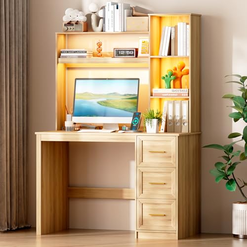 40” Home Office Desk with Hutch and Drawers, Walnut