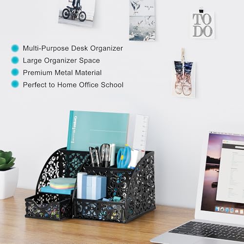 Desk Organizer and Pen Holder for Desk, Mesh Office Supplies Storage Caddy with Drawer for Small Space, Desktop Organizer for Home Office, Black - view 3