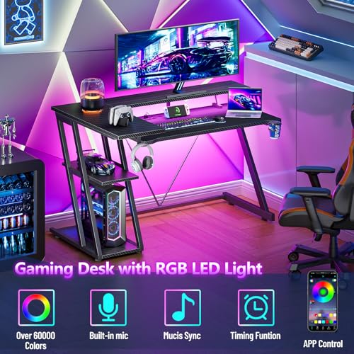 40 Inch Gaming Desk with Power Outlet, LED, Carbon Fiber Black - view 4