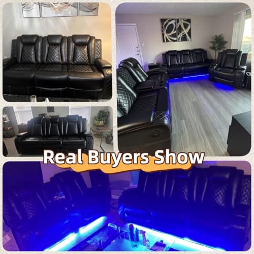 Power Recliner Sofa Set, Breathing Leather Reclining Couch Set, 3 Piece Living Room Furniture Set with LED Lights/Charging Ports/Storage for Home/Office (Black, Sofa+Loveseat+Chair) - view 3