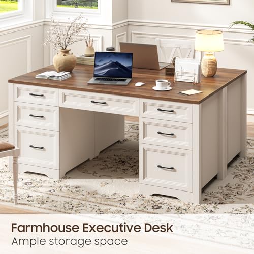 Farmhouse Executive Desk, Wood Home Office Desk with 2 Large File Drawers and 5 Storage Cabinets, Rustic Writing Desk for Work and Study, Brown - view 5