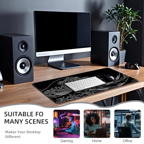 Japanese Sea Wave Extended Big Mouse Pad Large,XL Gaming Mouse Pad Desk Pad,31.5x11.8inch Long Computer Keyboard Mouse Mat Mousepad with 3mm Non-Slip Base and Stitched Edge for Home Office Work - view 6