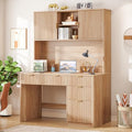67" H Executive Desk with Fluted Drawers,4 Drawers Fluted ComputerDesk,Wood Workstation with Hutch and BarnDoors for Work and Study,Oak