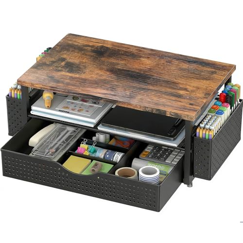 Computer Monitor Stand with Drawer and 2 Pen Holders, Wood