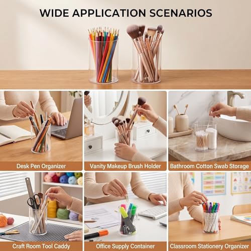 2Pcs 10x6.5cm Clear Acrylic Pen Holder, Round Cylinder Desktop Organizer, Multipurpose Storage Cup for Makeup Brushes, Stationery and Daily Small Items, for Home, School and Office Use - view 6