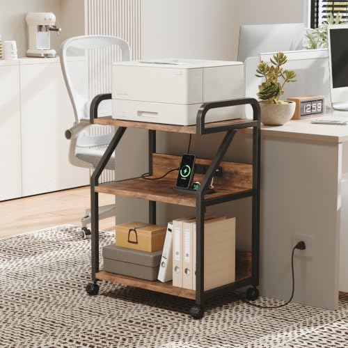 Large 3-Tier Printer Stand with Charging Station, Rustic Brown - view 4